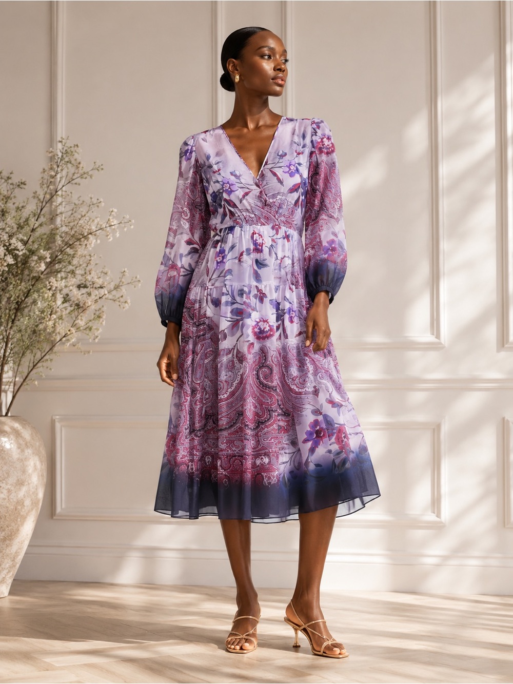 Kobi Halperin Chloe Blouson Sleeve Midi Dress Large Purple